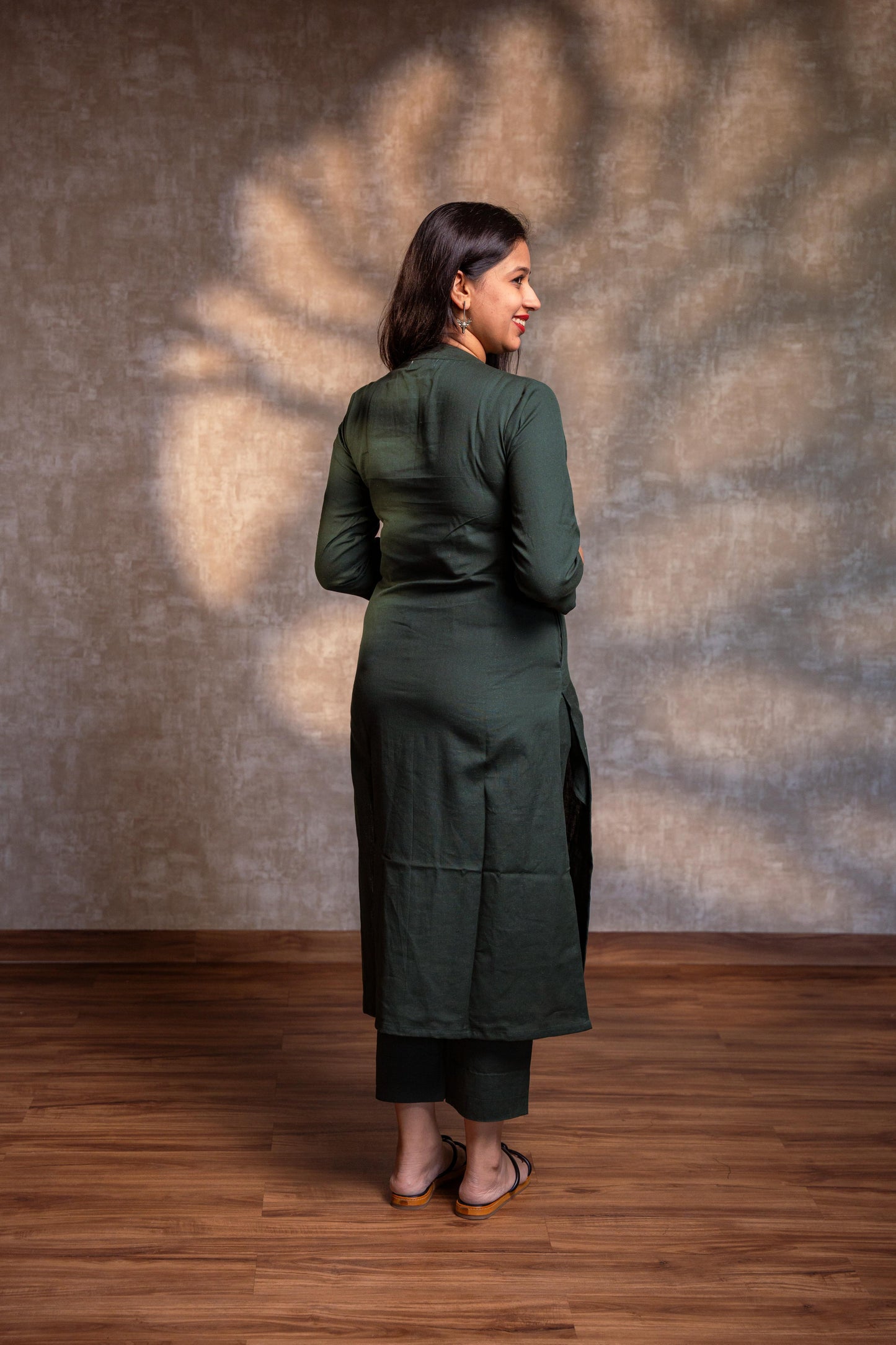 Dark Green Stand Collar Straight Kurta