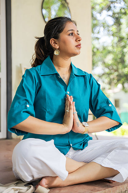 Cotton Linen Peacock Blue Shirt