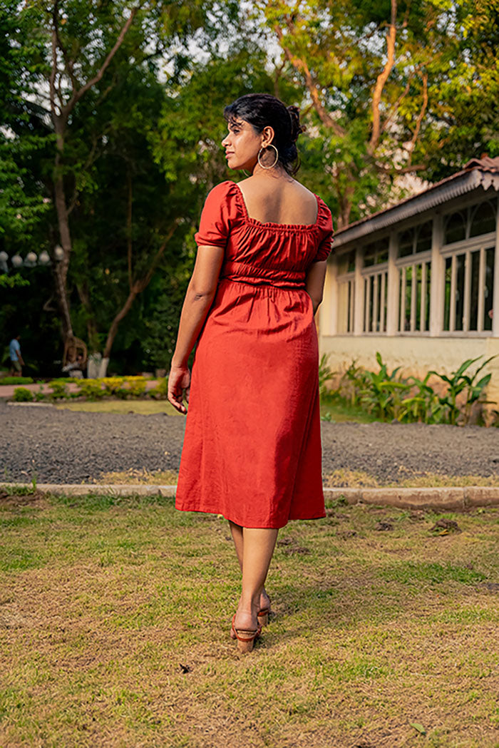 Rust Dress With Puff Sleeves