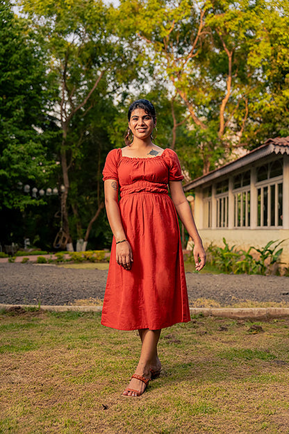 Rust Dress With Puff Sleeves