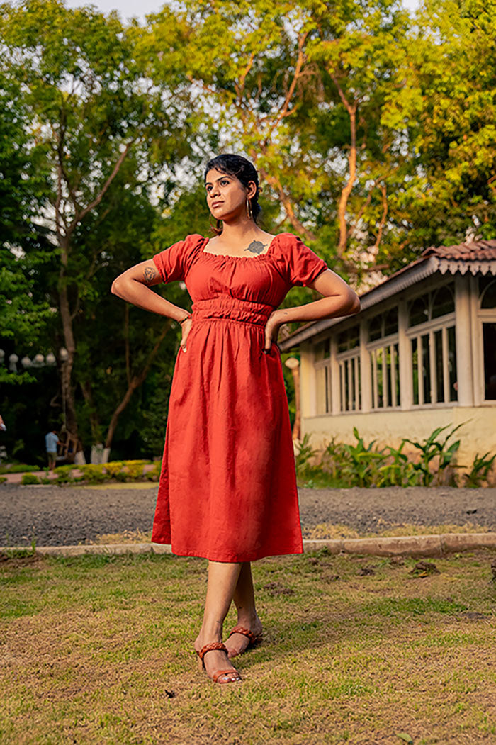 Rust Dress With Puff Sleeves