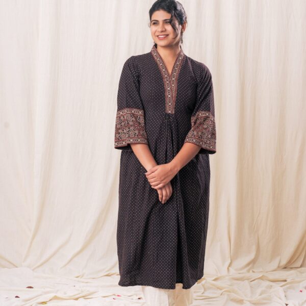 V neck Ajrakh polka Gathered Set