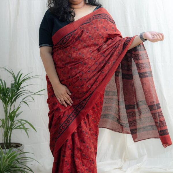 Red handblock saree
