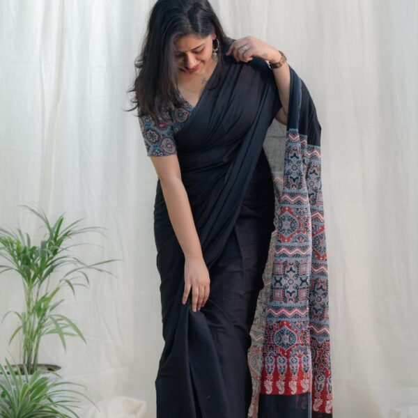 Black ajrakh pallu saree