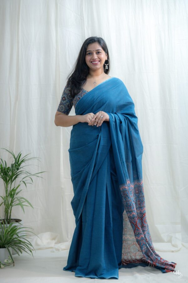 Blue ajrakh pallu saree - Image 2