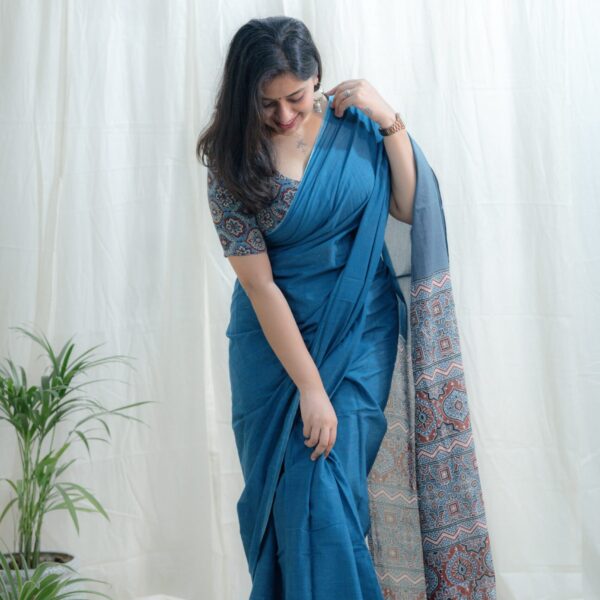Blue ajrakh pallu saree
