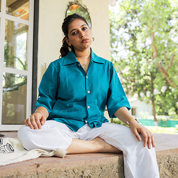 Cotton Linen Peacock Blue Shirt