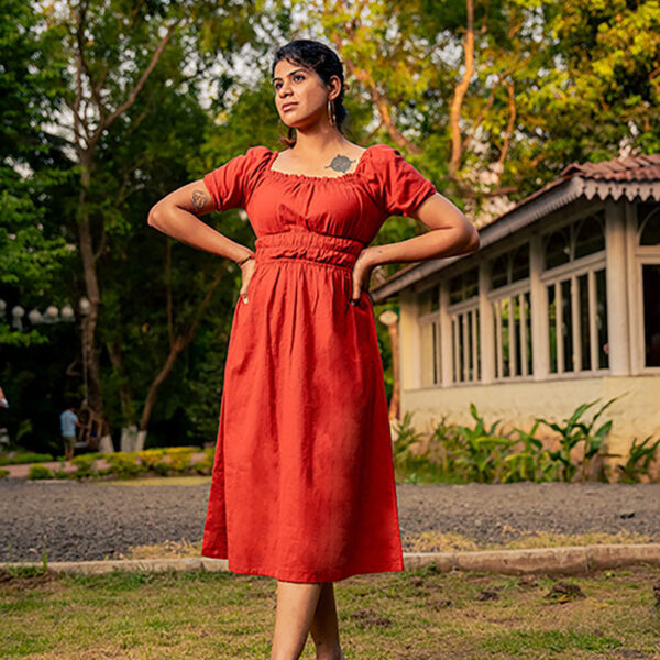 Rust Dress With Puff Sleeves